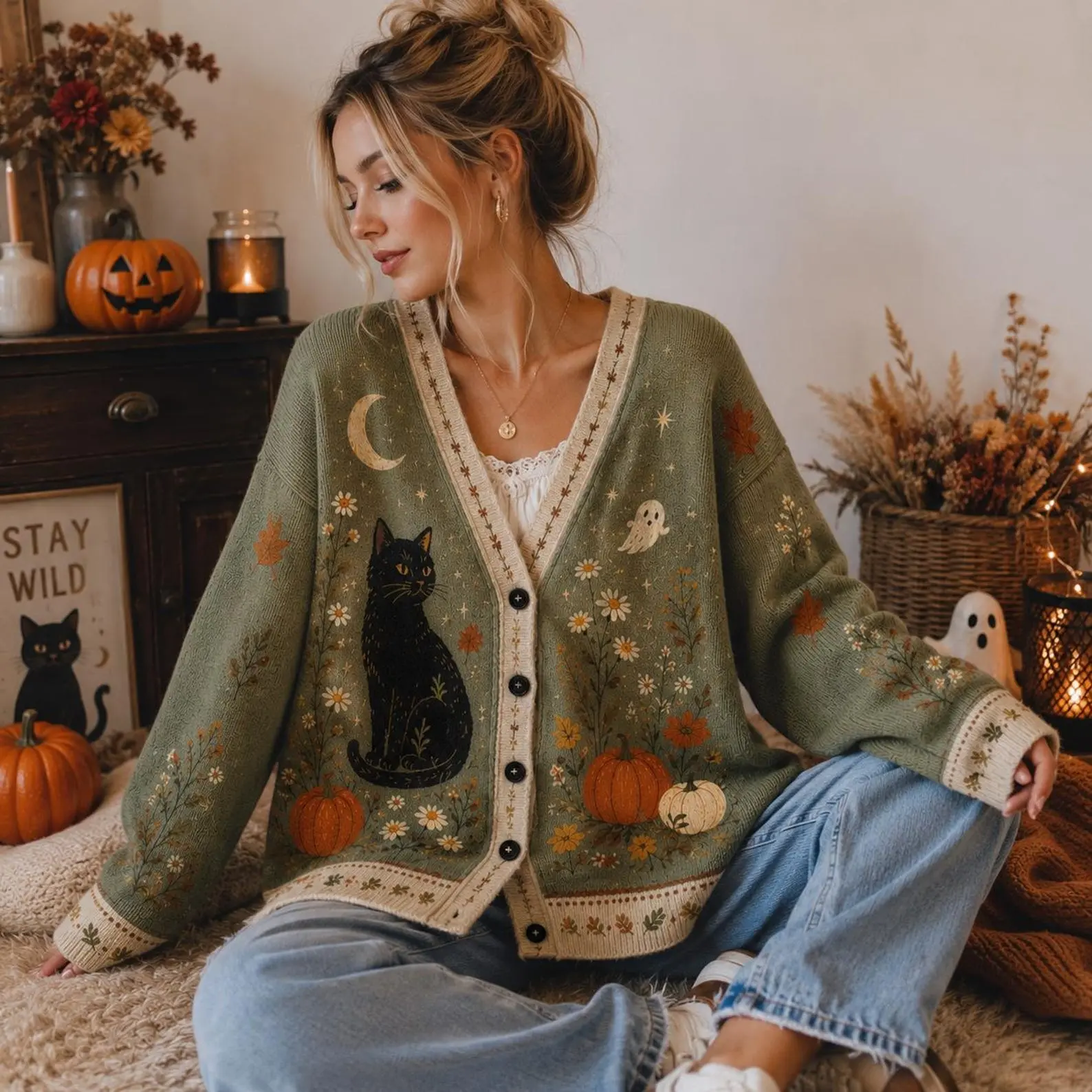 Halloween Black Cat Wildflower Pumpkin Cottagecore Cardigan, Cozy Sage Green Knit Sweater, Autumn Ghost Moon Fall Cardigan Gift