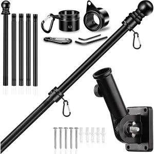Upgraded Flag Pole Kit w/Mutil-Position Adjustable Bracket Holder & w/Spinning Rings - 5FT to 6Ft 1" Metal Flagpole Kit for 3x5  Flag - House Wall Mount Flag Pole (6 FT, w/180? Black Bracket)