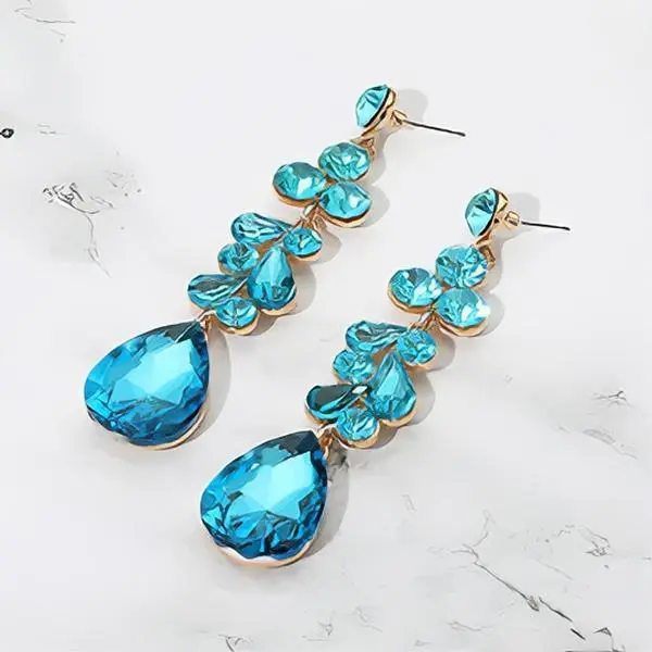 Teardrop Stone Cluster Drop Evening Earrings - Blue Teardrop Design with Cluster Details