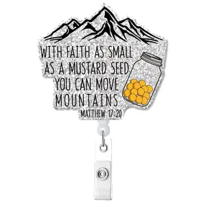 with Faith As Small As A Mustard Fun Shaped Medical Badge Reel Holder with Metal Shark Clips, Fun Design, Office Hospital Lab Work ID Tags, Nurse Badge Gifts, Doctors Gifts, Nursing Badge Reel