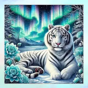 5D DIY Full Drill Round Diamond Painting - Diamond Art Painting Kit White Tiger Aurora Mosaic, Canvas - DIY Decorative Painting, Home Wall Decor, Suitable for Halloween and Christmas, Birthday and Anniversary Gifts