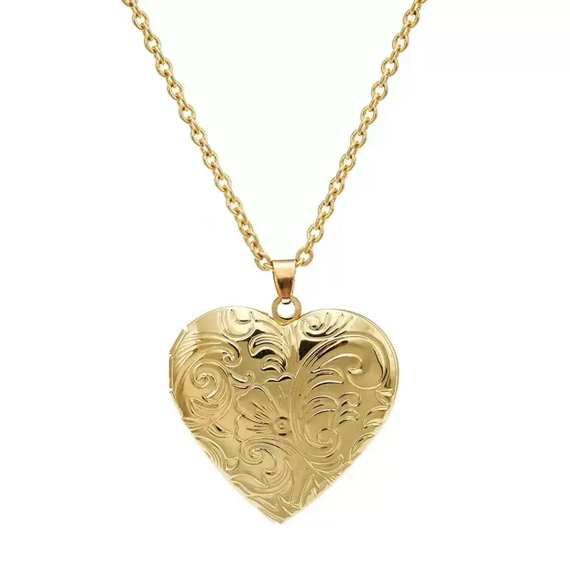 1pc Vintage Engraved Heart Locket Necklace, Gold & Silver Plated Photo Holder Pendant, Dainty Personalizable Chain, Romantic Y2K Jewelry Gift for Wedding Anniversary Daily Wear