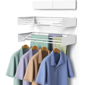 Laundry Drying Rack, Collapsible Wall Mounted Clothes Drying Rack - Drying Rack Clothing Foldable,Saving, 32" Wide, 13.2 Ft, 5 Aluminum Rods, 60 lb Capacity (White, 32")