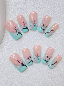 10pcs Handmade Pipe-Shaped Press-On Nails Set, Pink and Blue Color Base with Blue French Tip, Hand-Drawn Floral Pattern Details, Small Floral Element Accents, Full Cover False Nails for Daily Styling