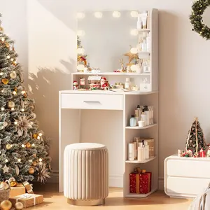 Makeup Vanity Desk with Mirror and Lights 26.4" Small Vanity Mirror with Large Drawer 6 Level Storage Large LED Mirror 3 Color Lighting Modes