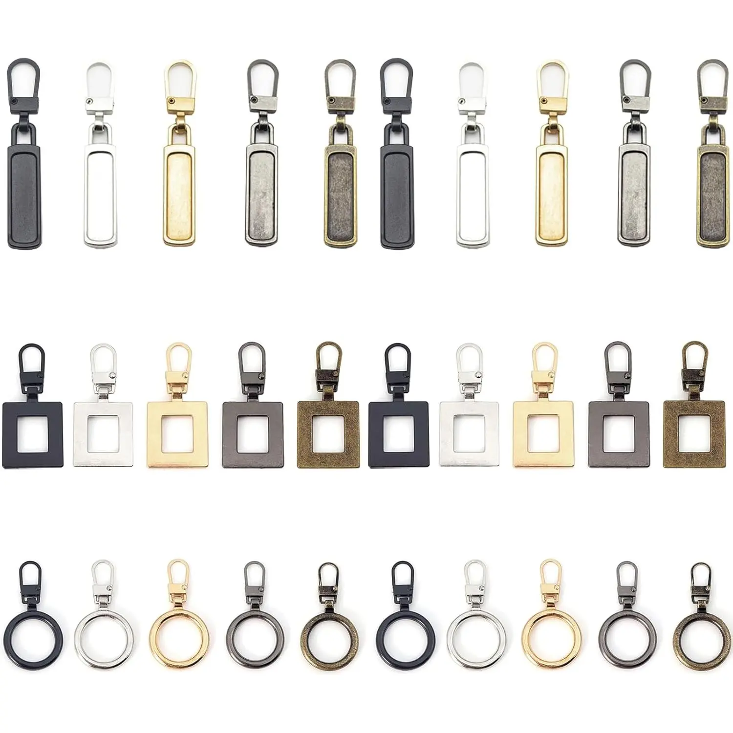 30 count Zipper Pull Replacement,3 Styles Zipper Pullers Detachable Zip Pull Tab Repair Metal Zippers Handle,Decorative Zippers Pulls,Zipper  Handle Mend Repair Kit for Jacket Purse Backpack Handbags