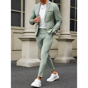 Top Men's 2-Piece Regular Fit Viscose Fabric Menswear Set - Solid Long Sleeve Lapel Neck Blazer, Slant Pocket Zipper Pants for Business Formal Wear