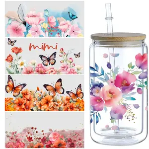 5 sheets of plant UV transfer waterproof self-adhesive stickers for mugs water bottles, DTF transfer stickers for 16 oz glass jar packaging, 3d crystal labels waterproof and scratch-resistant, DIY packaging transfer stickers glass cup stickers bottle