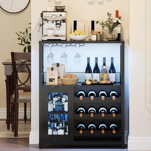 Wine Bar Cabinet with LED Lights, Adjustable Shelves Wine Cooler,36" Tall Farmhouse Liquor Cabinet for Kitchen,Dining & Living Room,Retro Style-Black