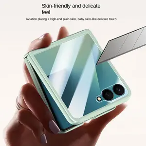 With Spring Hinged Plain Leather Screen Tempered Glass Protector Case For Samsung Galaxy Z Flip7 flip 7 All-inclusive Cover