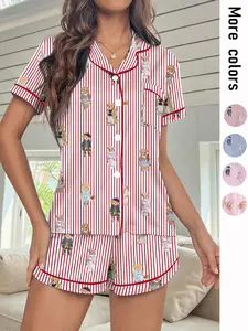 Women's Cute Bear & Striped Pajama Set, Short Sleeve Shorts, All Seasons, Soft Comfortable Homewear, Button Front Casual