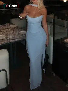 Strapless Formal Evening Dress Bodycon Maxi Gown Satin Look Slim Fit Split Hem Backless Sleeveless Night Out Ruched Waist Dinner Outfit Mermaid Cut Halter Neck Design, Slit