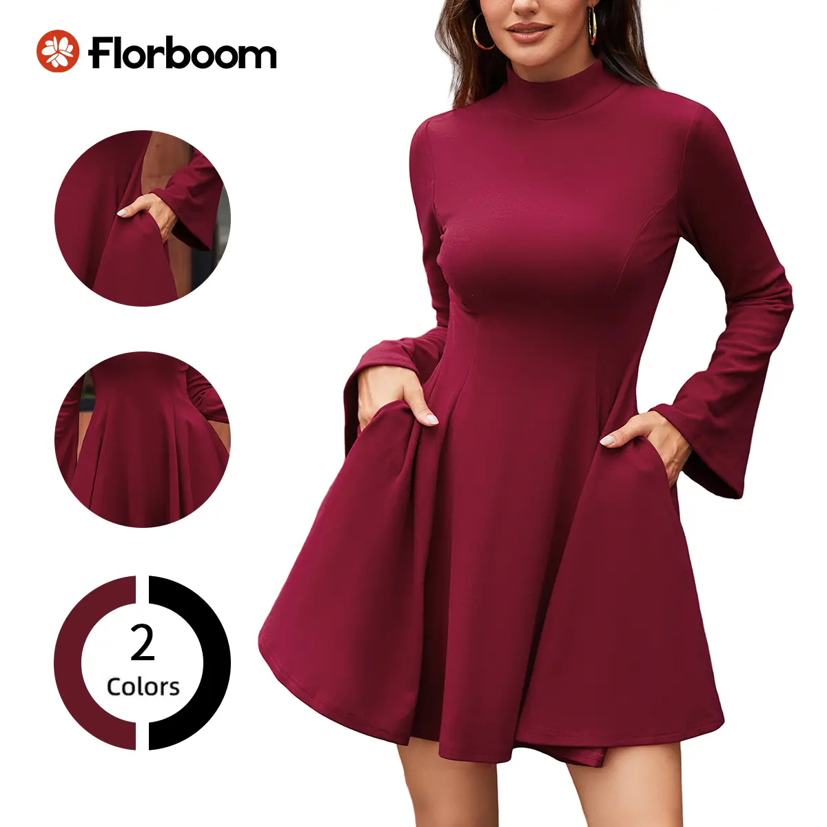 Florboom Women's Mock Neck Knit Mini Dress, Long Bell Sleeve, Fit and Flare Swing Dress with Pockets, Elegant A-Line Skater Dress for Christmas Holiday Party Date Night Fall Winter Outfit