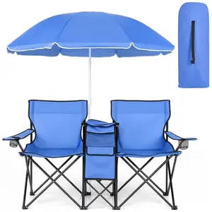 Foldable Double Camping Chair with Sunshade Canopy, Portable Outdoor Loveseat Chair with Cooler Bag for Beach, Picnic, Fishing & Travel