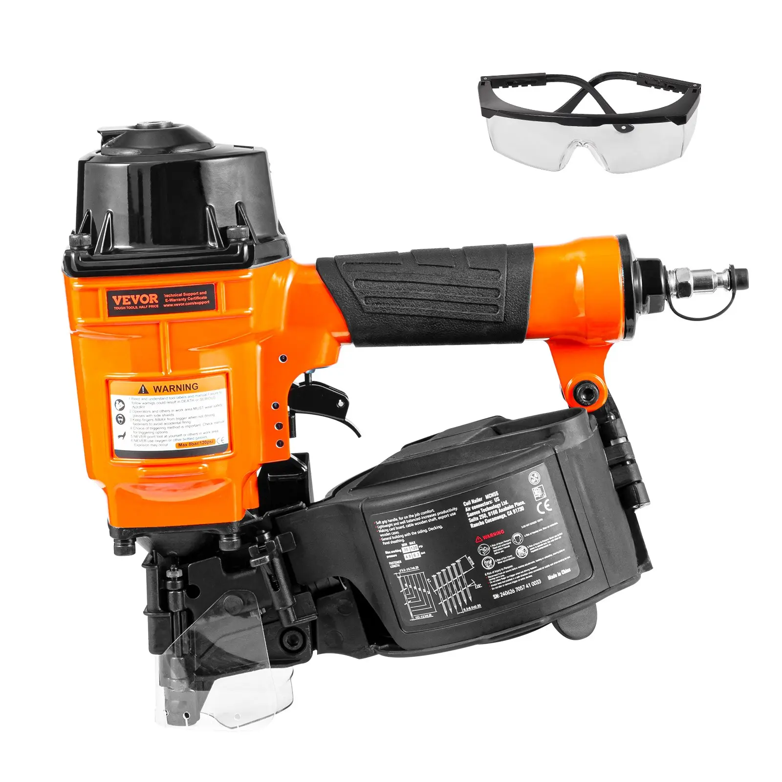 VEVOR Coil Siding Nailer MCN55, 1 inch to 2-1/4 inch 15 Degree Pneumatic Siding Nail Gun, 70-120PSI Air Coil Nailer for Siding, Pallet Sheathing, Fencing, Decking