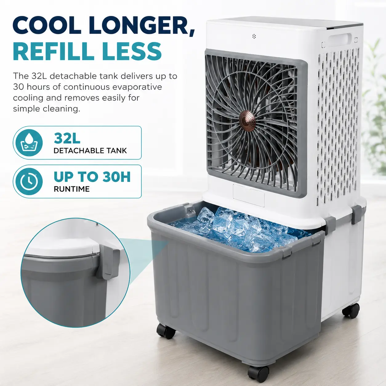 Eco-Friendly Portable Evaporative Swamp Cooler - 30H Cooling Runtime, Oscillation Function, Quiet Operation, Timer, 32L Detachable Tank, 70W, Move-with-Wheels, Detachable Parts, Remote-from-Bed, for Bedroom, Garage