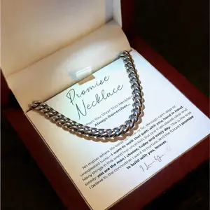 Promise Necklace for Boyfriend – Waterproof Stainless Steel Cuban Chain, Symbol of Love & Commitment, LED Wooden Box Gift for Valentine’s Day & Birthday