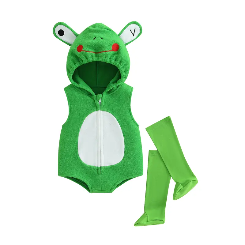 Newborn Baby Boy Girl Halloween Costume Frog Costume Sleeveless Hood Zipper Romper and Solid Socks Baby Halloween Outfit