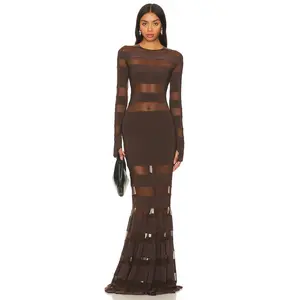 Norma Kamali Spliced Dress Fishtail Gown in Chocolate & Chocolate Mesh