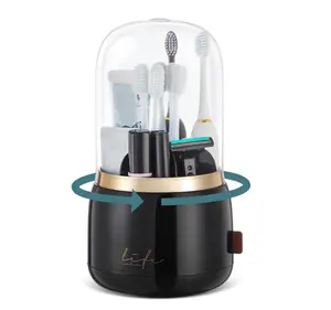 Toothbrush Holders with Cover,Dustproof 360 Rotating 7 Slots Toothpaste Holder for Bathroom Organizer Countertop,Makeup Brushes Organizer,Bathroom Accessories (Black）