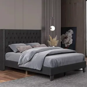 Nathaniel Home, Fabric Linen Queen Bed Frame, with Tufted Upholstered Headboard
