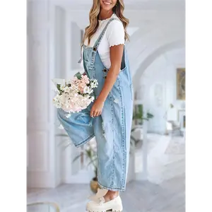 Women'S Casual Denim Overalls Loose Adjustable Strap Distressed Bib Jeans Overall Jumpsuits With Pocket