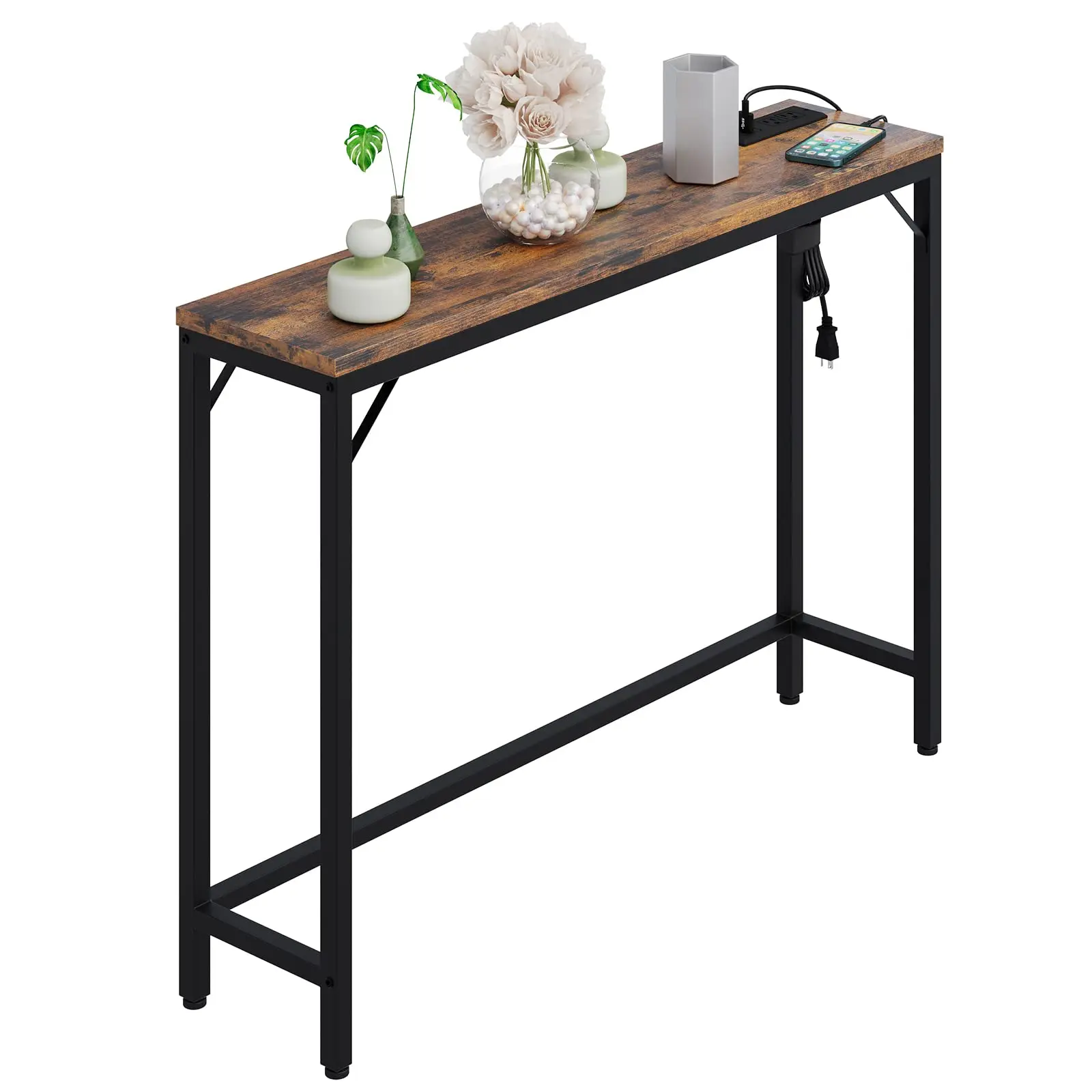 【GARVEE】Entryway Table with Power Outlets & USB Ports, Narrow Sofa Table with Charging Station, 39.3" Industrial Console Table, Behind Couch Table for Living Room, Hallway, Foyer, Bedroom-Vintage