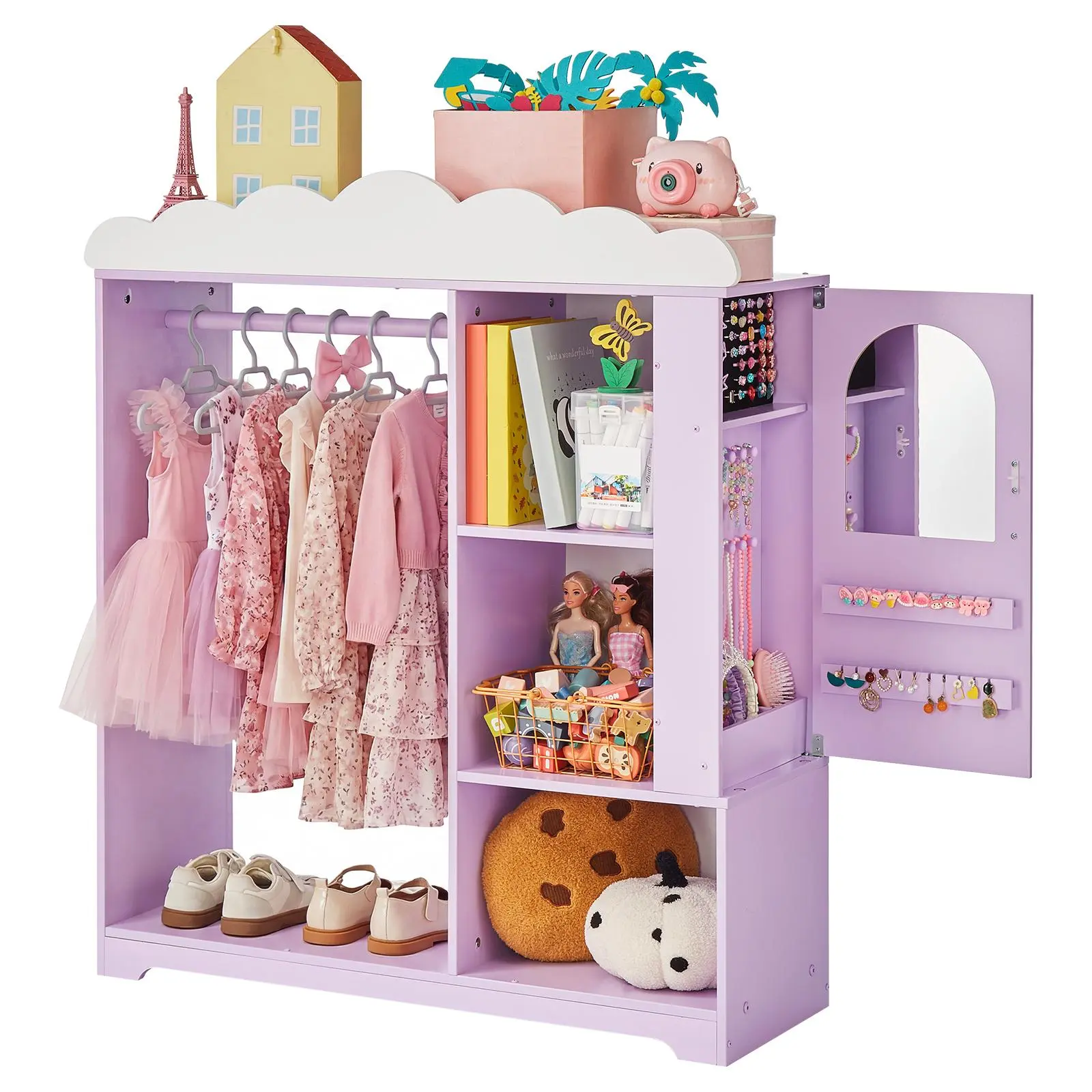 【Summerfinds】VEVOR Kids Dress Up Storage, with Jewelry Cabinet, Dress Up Closet with Mirror and Shelves, Princess Costumes Wardrobe Closet, Toddler Costume Organizer Armoire, for Bedroom, Kids Room, Girls, Purple