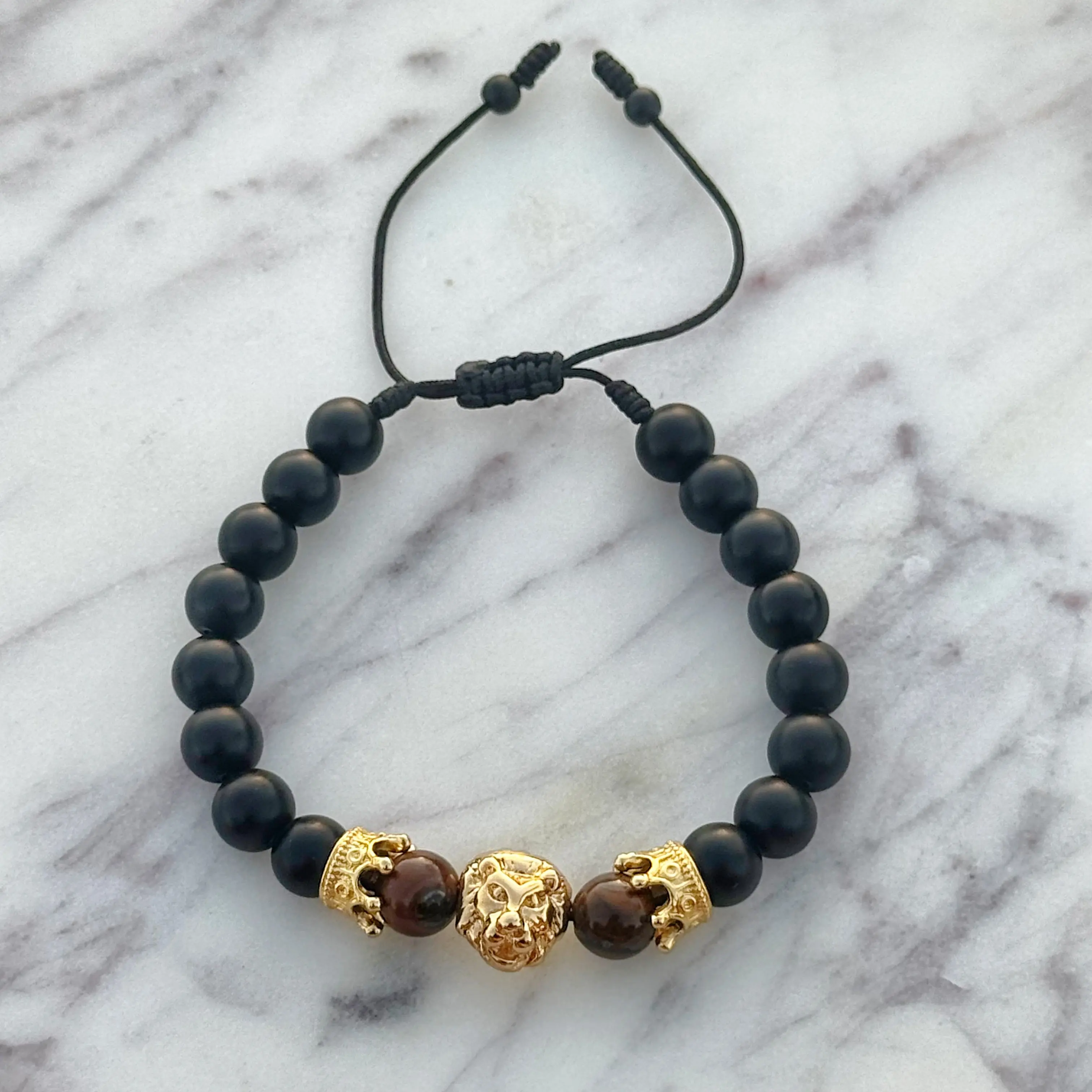 Men's Tiger's Eye & Lion Head Bracelet Set, Adjustable Beaded Bracelets with Gold Plating for Strength and Protection, Courage, Luxurious Piece
