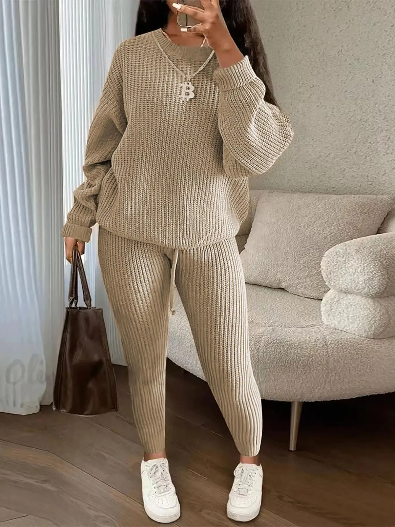 Women's Solid Drop Shoulder Sweater & Drawstring Waist Pants Two-Piece Set, Casual Fashion Cozy Knitwear Set for Daily Outdoor Wear, Women's Knitwear