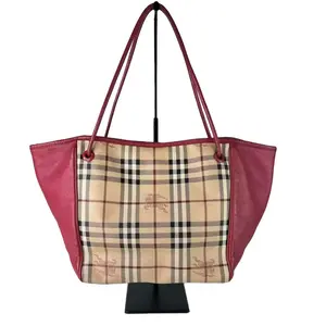 Pre-owned BURBERRY Leather Tote Bags Canterbury Tote Pink Classic Check Design with Red Trim and Handles Tote Bags