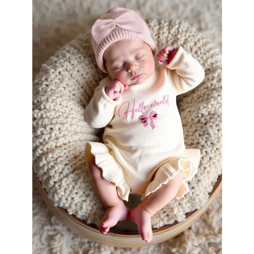 Bumpie x 2Pcs Set Dusty Pink Autumn Funny Graphic Newborn Photography Outfits With Matching Bow Headband Knitting Baby Girl Bodysuit Photo Shoot Props