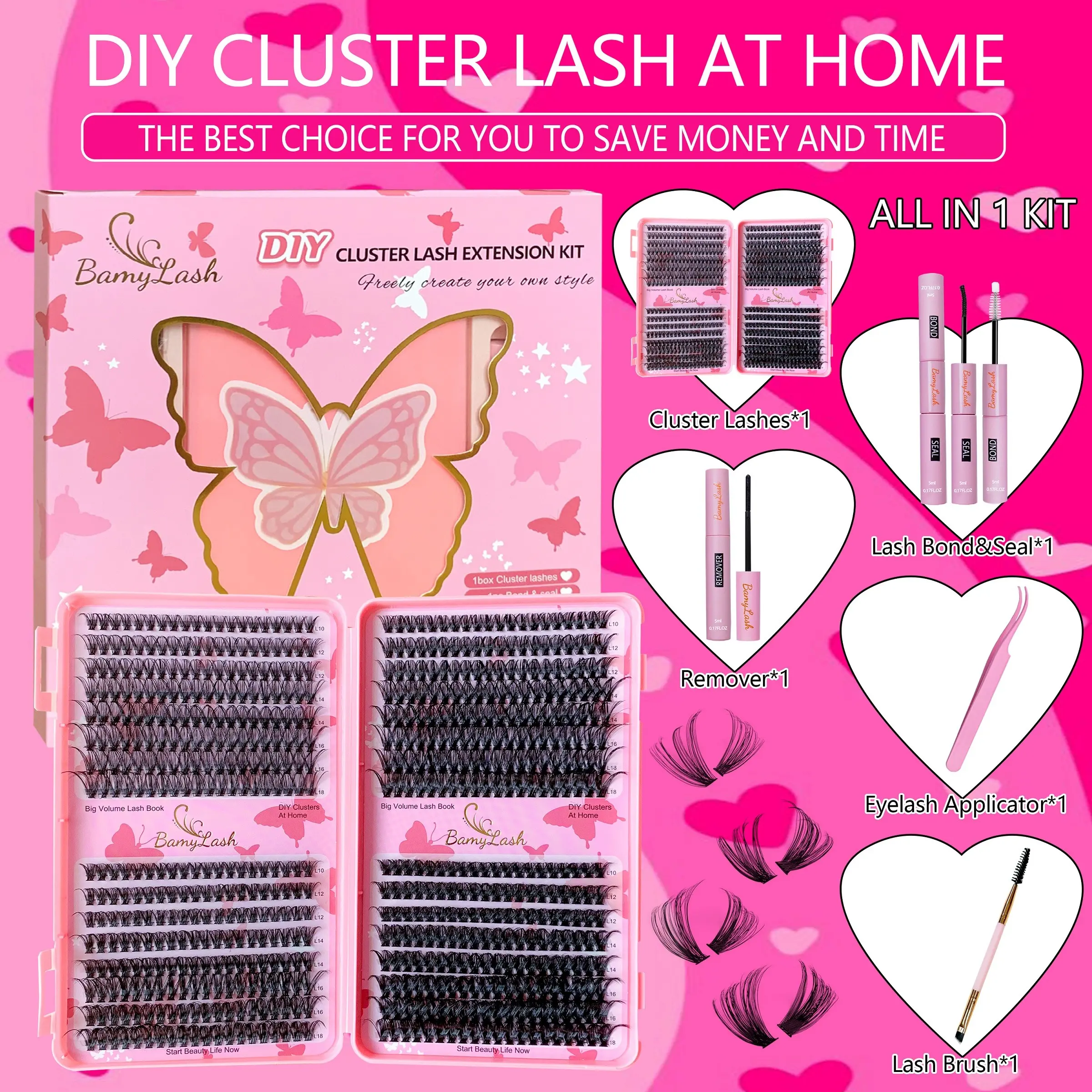 BamyLash 640/544pcs Lash Clusters Kit, Eyelash Extension Set, False Eyelashes Extensions, Solid Form 30D/40D/50D/60D Spike Eyelash Clusters Extensions for Beginners & Pros, DIY at Home with Bond and Seal Remover Brushes, Eyelash Extension Glue