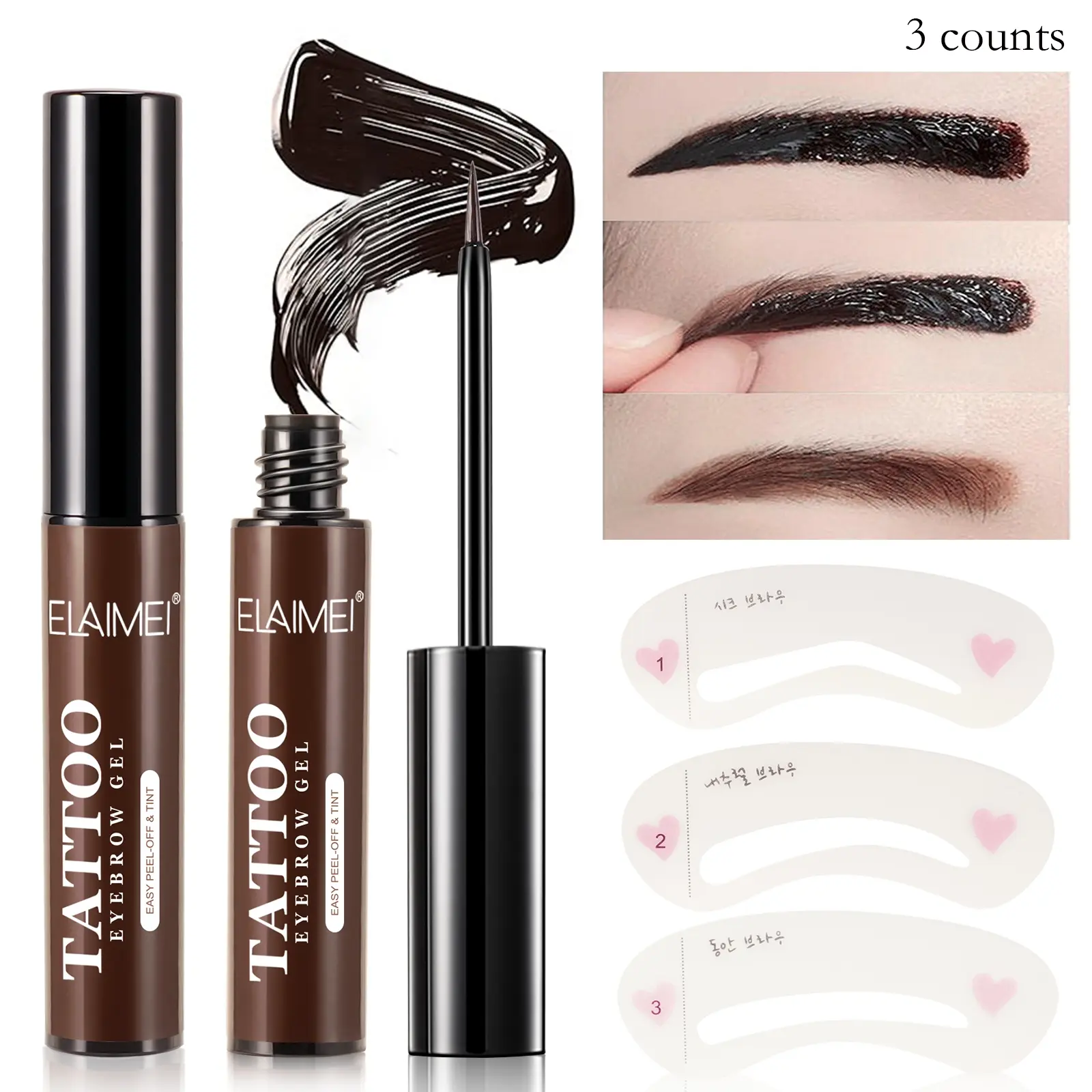 Elaimei Eyebrow Balm & Stencil Set, Eyebrow Stencils, Eyebrow Shaper Set, 3 Boxes, 3 Colors, Waterproof Material, Long-Lasting Natural Look, Semi-Permanent Brow Pen