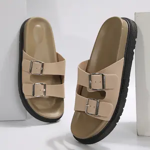 Women's Thick Sole Comfort Slides Double Buckle Adjustable Casual Soft Beach Flat Sandals