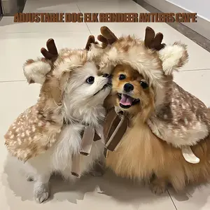 Christmas Dog and Reindeer Cape Adjustable Dog Elk Reindeer Antlers Cape for Small Dogs Medium Sized Dogs and Cats Brown Reindeer Pet Clothing Warm Winter Cloak Great Holiday Gift