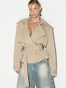 KIZN Cropped Shoulder Pad Trench Coat Double Breasted Lapel Collar Belted Outerwear Fall Winter