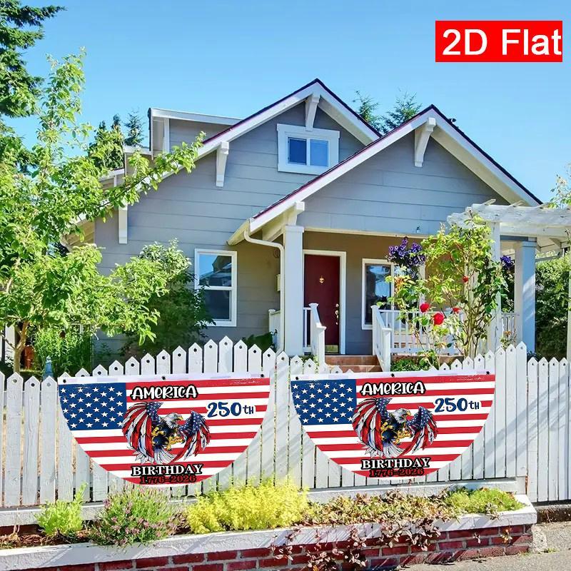 2D Flat American Flag Bald Eagle Semi-Circular Garden Flag |   Double-Sided Polyester Outdoor Yard Decor for Patio Lawn Wall - Welcome Spring 250th Anniversary