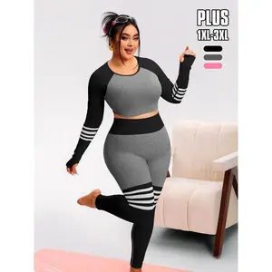 Women's Plus Size Sporty Workout Set, Striped High Neck Crop Top & High Waist Skinny Pants, Fashion Fitness 2 PieceGift