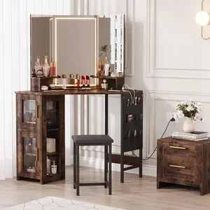 Garvee Corner Vanity Desk with LED Lighted Mirror, 3 Color Lighting Modes Makeup Vanity with Stool, Cabinet & Power Outlet, Farmhouse Dressing Table for Bedroom, Makeup Studio, Brown