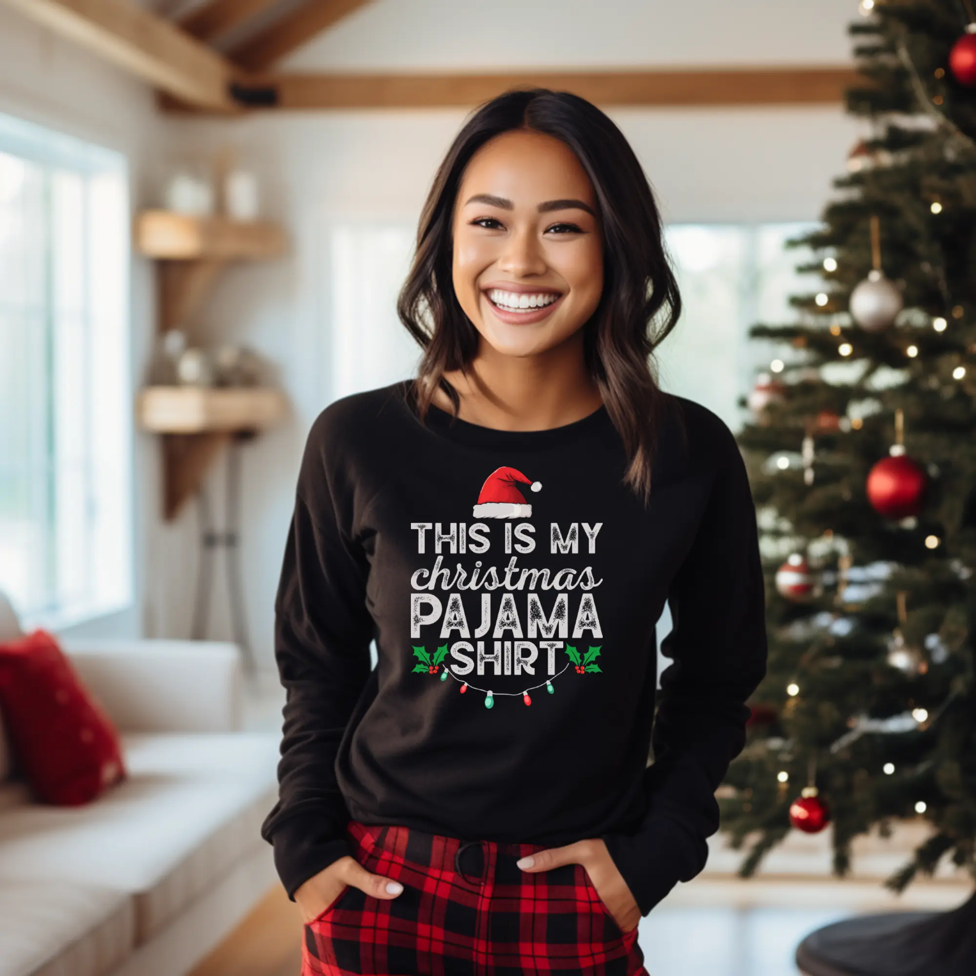 Christmas Pajama Sweatshirt - Santa Hat & Lights Design - Holiday Sleepwear - Xmas PJ Shirt, Unisex Christmas Apparel, Festive Lounge Wear Cotton Fabric