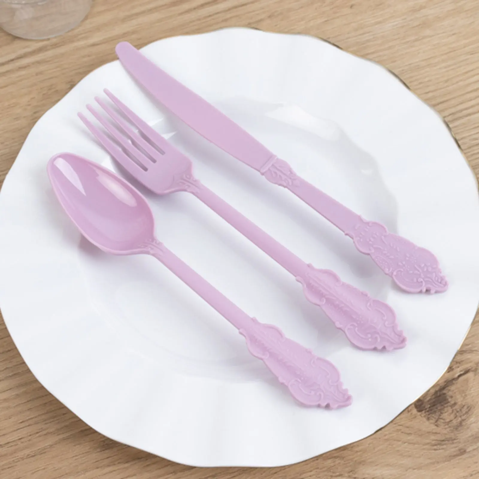 72-Piece Baroque Style Lavender Lilac Plastic Cutlery Set - Heavy Duty Disposable Knives, Forks, Spoons for Home, Outdoor, Party Events, Birthday Supplies