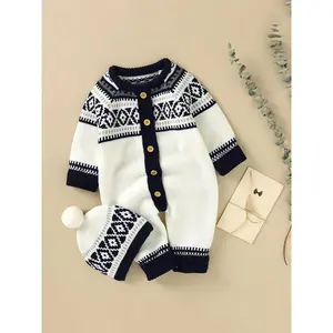 Newborn Infant Geometric Pattern Sweater Romper Long Sleeve Button Jumpsuit & Hat For Toddler Baby Boys And Girls, Suitable For Indoor And Outdoor Wear