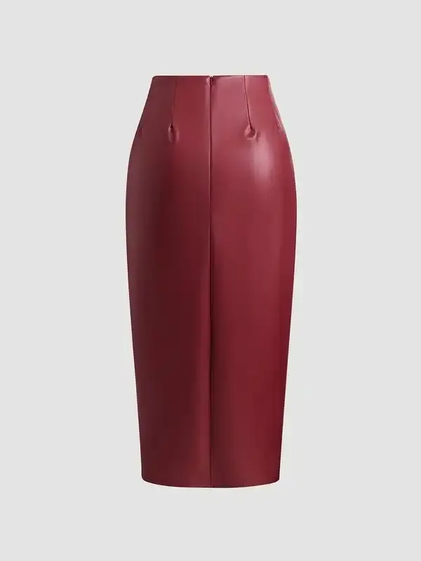Women's Ruched Drawstring Split Thigh Pu Leather Skirt, Fashion Casual High Waist Long Skirt for Daily Wear, Women's Bottoms for Spring & Fall Valentine's Day, gift