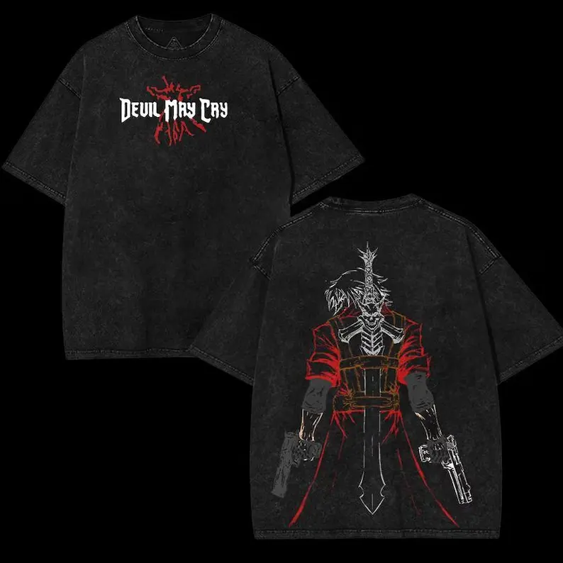 Mens Oversized Black Washed Devil May Cry Graphic Tee Retro Red White Devil May Cry Logo Dante Devil Trigger Back View Gun Sword Pocket Text Print Short Sleeve Crewneck Cotton T Shirt Casual Streetwear Top for Gaming Otaku Fans and Everyday Use