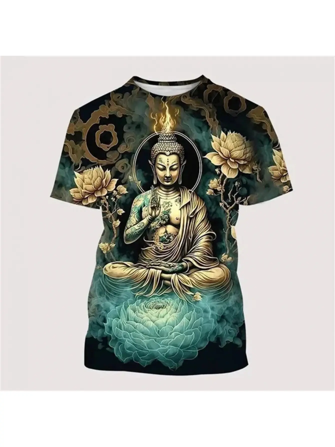 Campus Fashion Essential 3D Printed Shakyamuni Buddha T-shirt for Men, Buddhist Pattern T-shirt, Summer Harajuku Style Round Neck Top, Oversized Short-sleeve T-shirt, PLUS SIZE