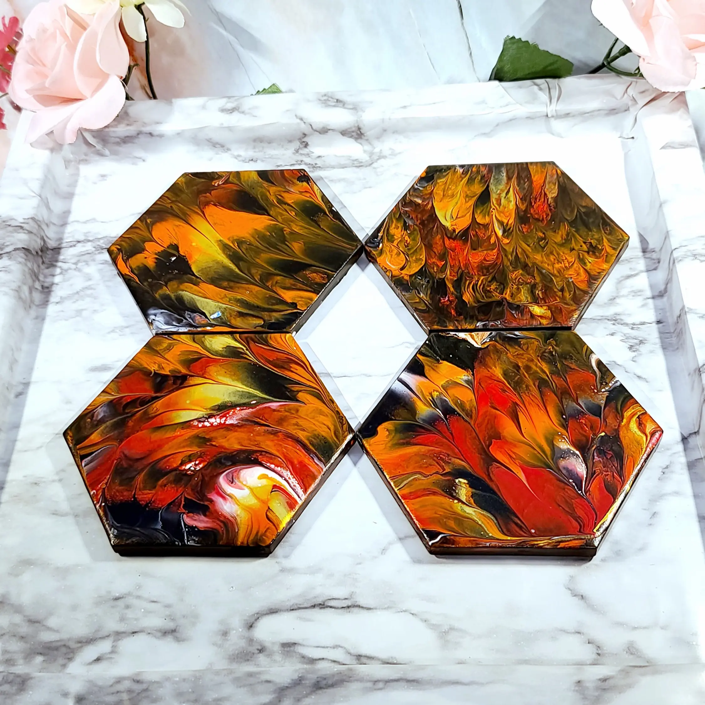 Handcrafted Hexagon Ceramic Coasters for Beverages, Cups - Heat Resistant, Cork Base Set of 4, Multicolor Design for Home Decor
