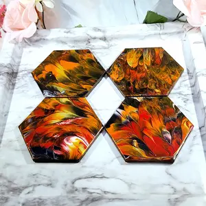 Handcrafted Hexagon Ceramic Coasters for Beverages, Cups - Heat Resistant, Cork Base Set of 4, Multicolor Design for Home Decor