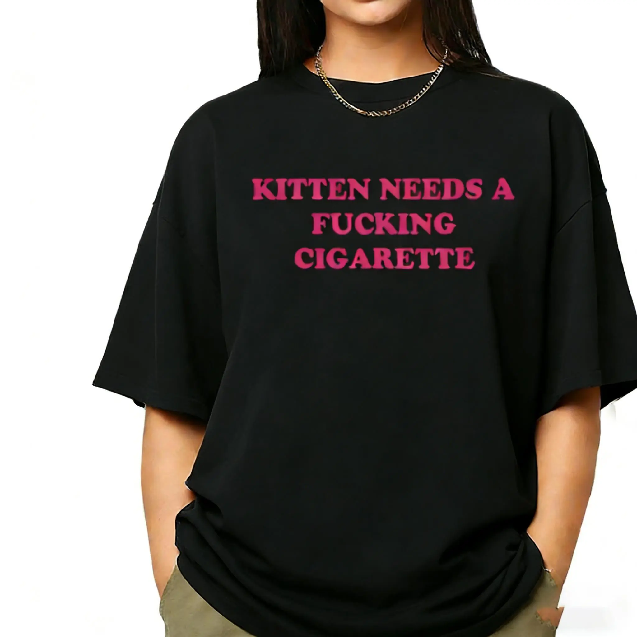 Humorous Unisex Cotton T Shirt Featuring Playful Kitten And Cigarette Design