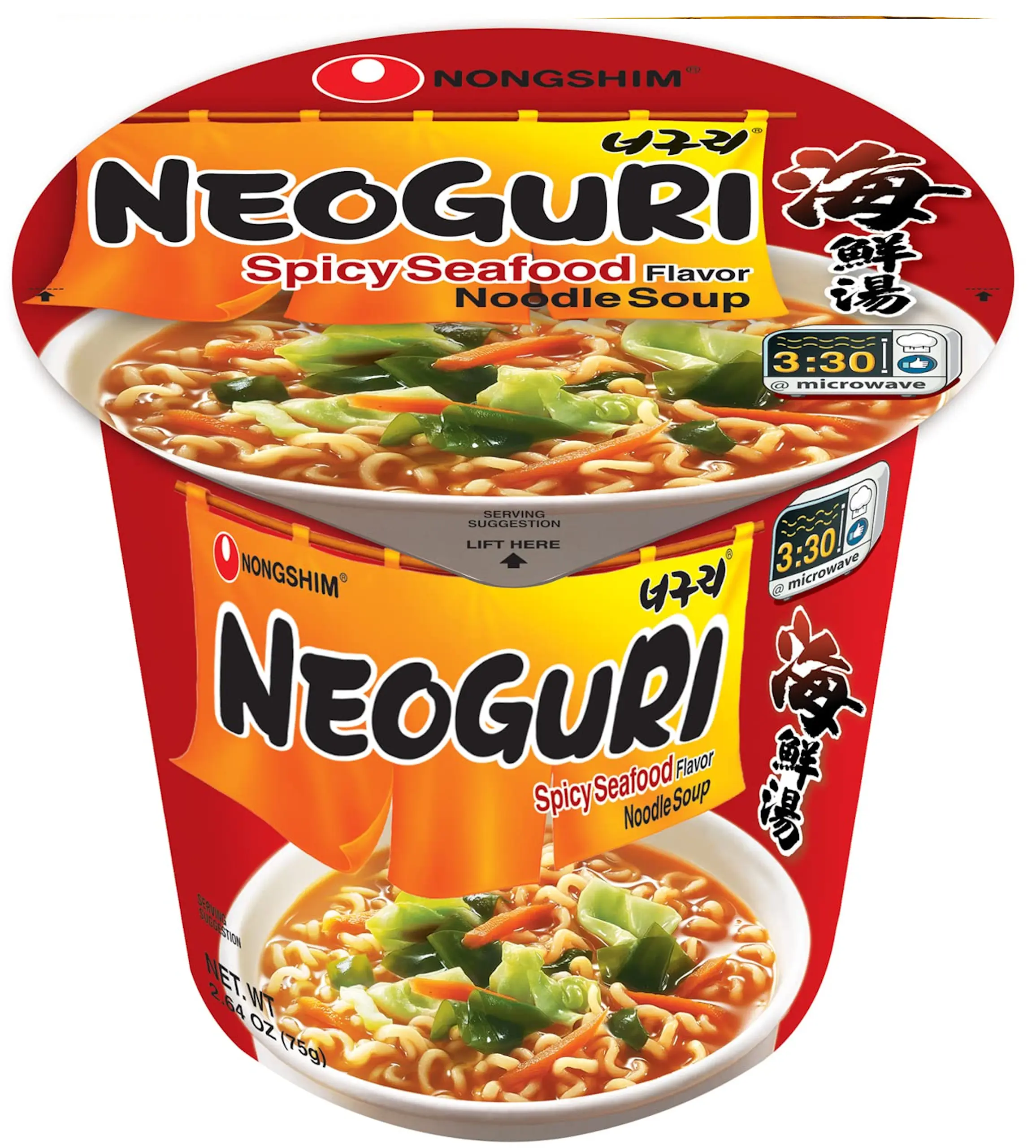 [NONGSHIM] Chewy Neoguri Instant Cup Noodles - Spicy Seafood Flavor, With Fish and Kelp, Ambient, 1 Pack, 2.64 oz